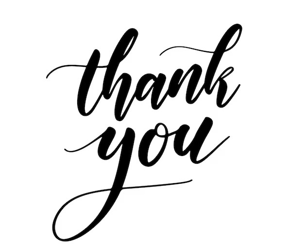 Thank you in elegant black script on a white background.